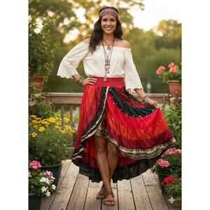 Kashi Red Black Silk Asymmetrical Hem Tiered Gypsy Hippie Skirt Womans Size XL